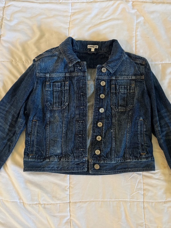 Express Jackets & Blazers - Express Women’s Dark Wash Denim Jean Jacket Pleated Pockets Size L